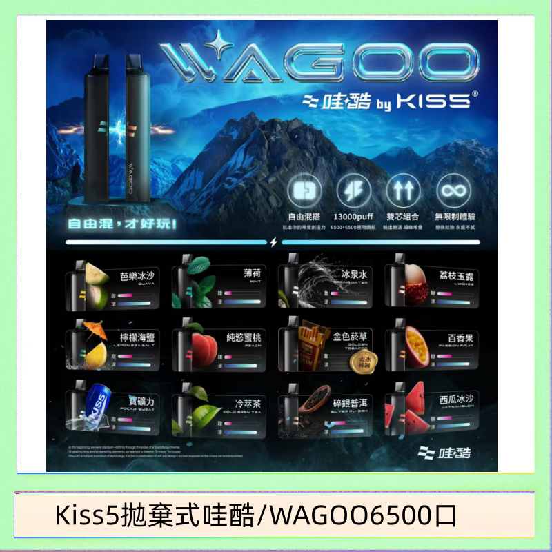 WAGOO哇酷Kiss5 6500口拋棄式 | 自由混搭雙口味 | 雙芯組合